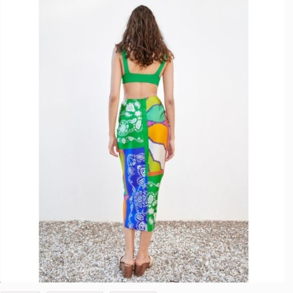 Zara Printed High Waisted Skirt With Knot Pareo MIDI Green Paisley Small - Picture 4 of 9